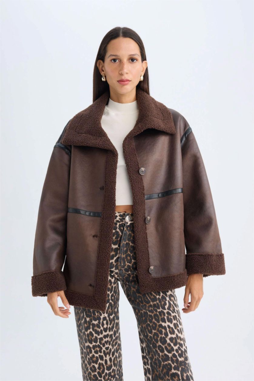 Kadın Kahve Relax Fit Polo Yaka Mont Düğmeli Cepli Mevsimlik Pelüş Astarlı 