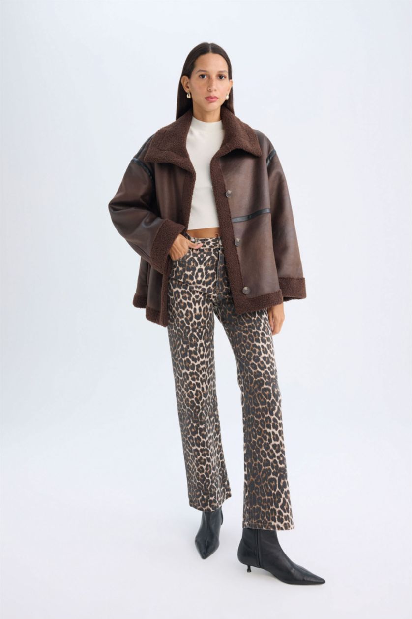 Kadın Kahve Relax Fit Polo Yaka Mont Düğmeli Cepli Mevsimlik Pelüş Astarlı 