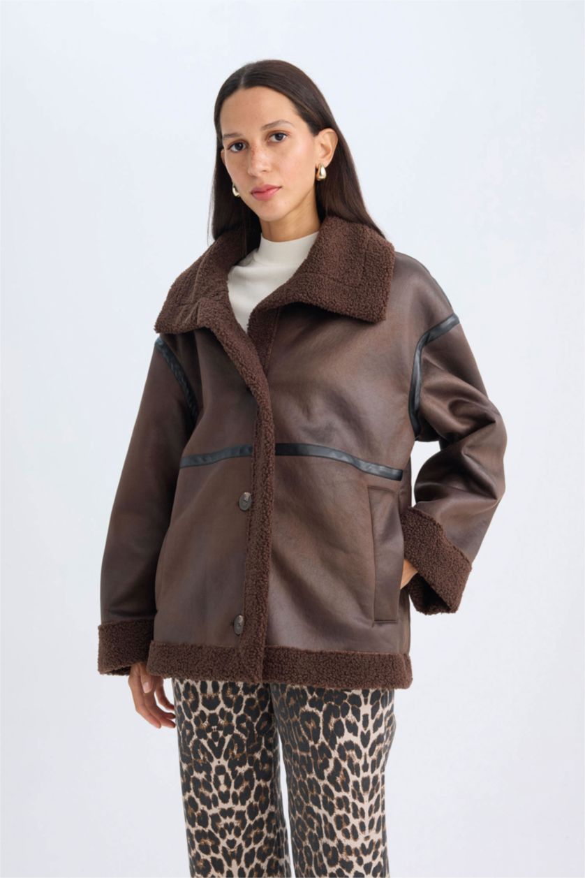 Kadın Kahve Relax Fit Polo Yaka Mont Düğmeli Cepli Mevsimlik Pelüş Astarlı 