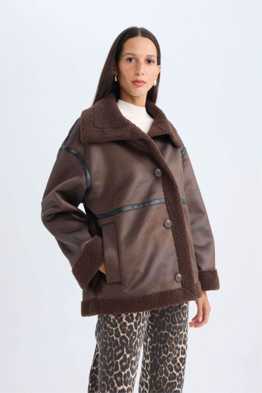 Kadın Kahve Relax Fit Polo Yaka Mont Düğmeli Cepli Mevsimlik Pelüş Astarlı 