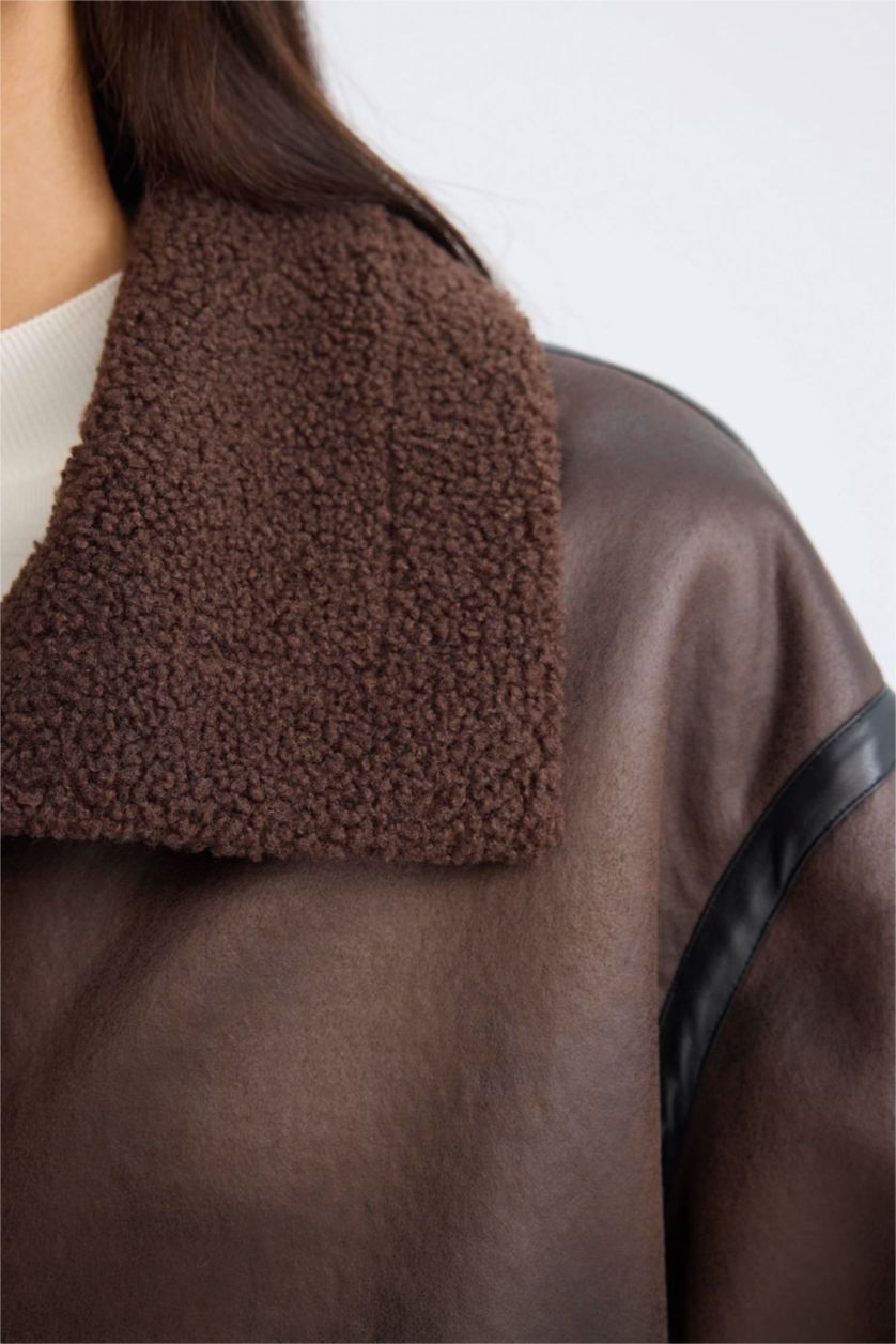 Kadın Kahve Relax Fit Polo Yaka Mont Düğmeli Cepli Mevsimlik Pelüş Astarlı 