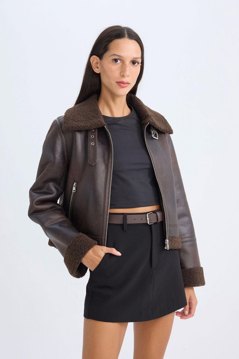 Woman Brown Regular Fit Plush Faux Leather Jacket