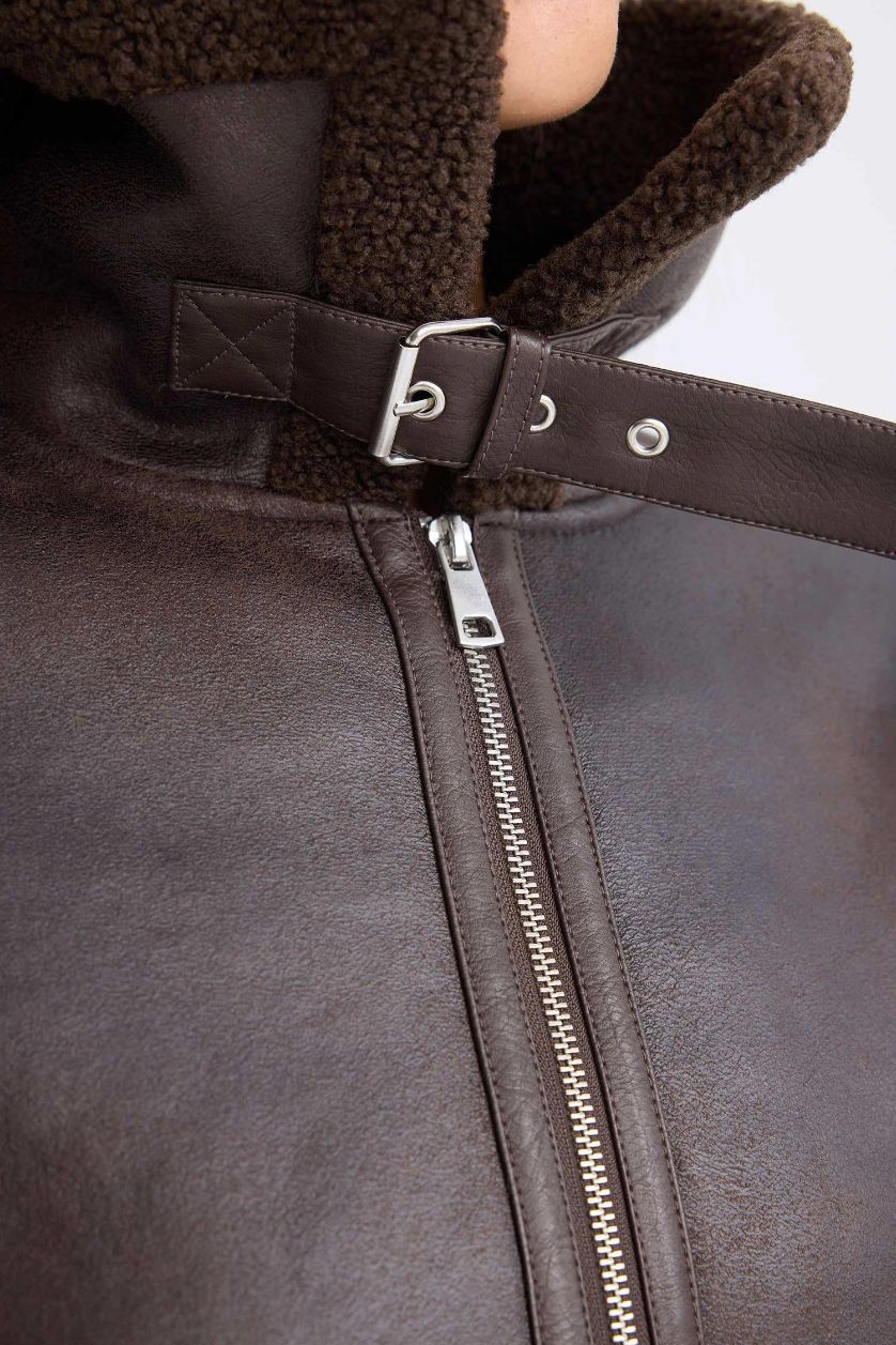 Woman Brown Regular Fit Plush Faux Leather Jacket