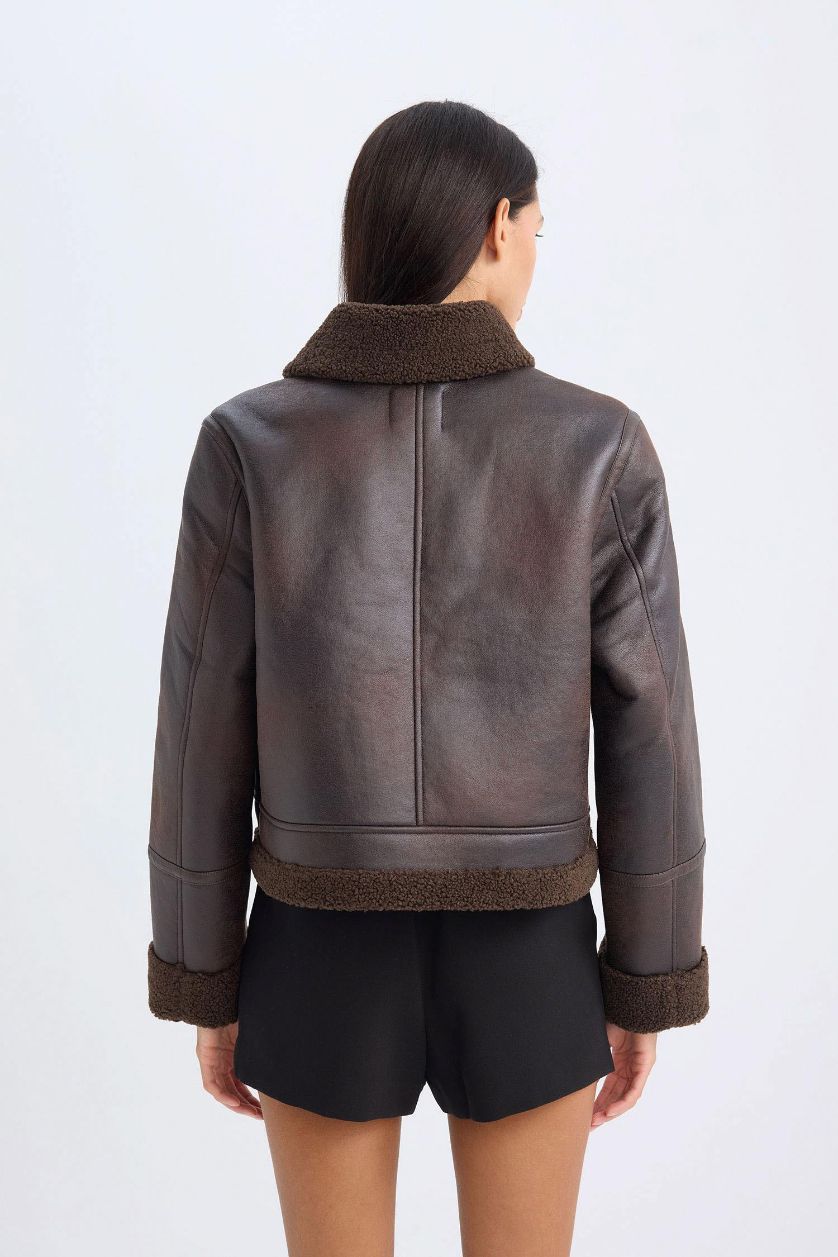 Woman Brown Regular Fit Plush Faux Leather Jacket