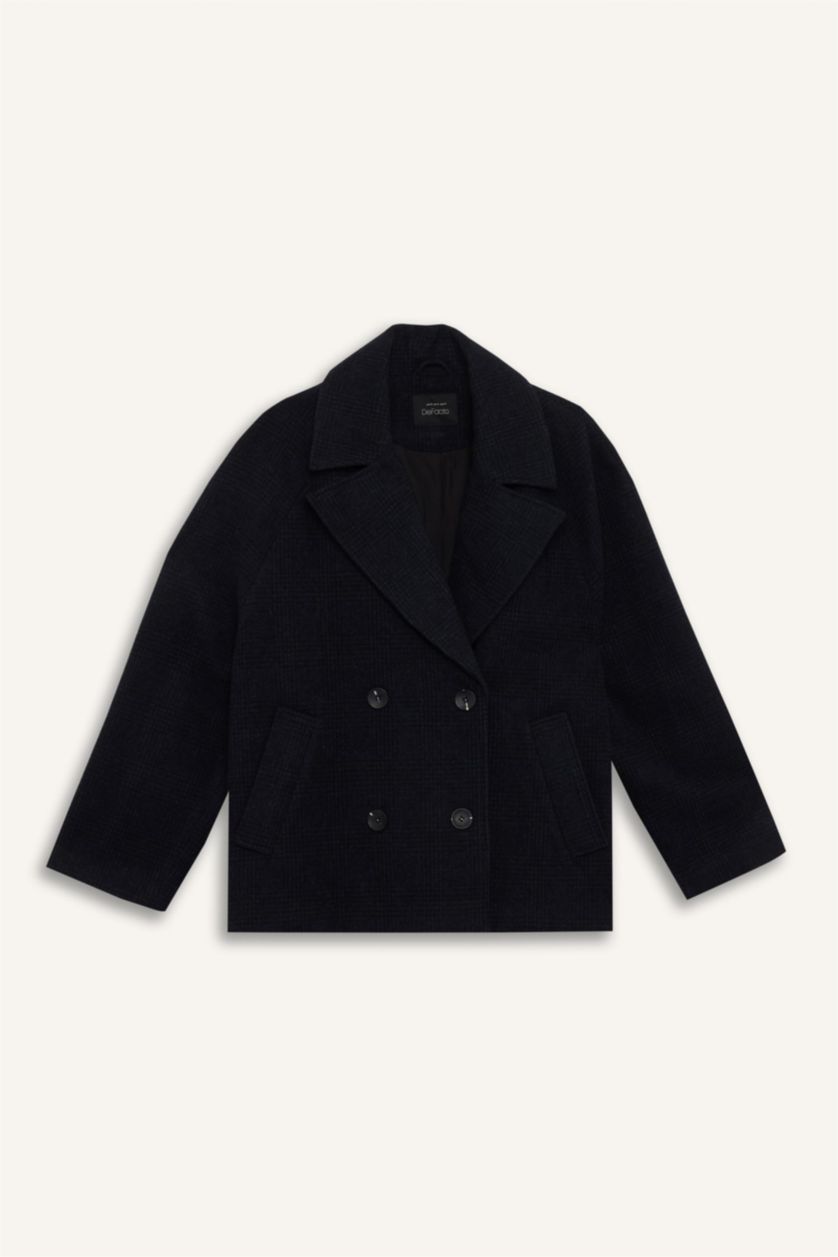 Kadın Lacivert Yün Karışımlı Relax Fit Kruvaze Yaka Düğmeli Kısa Kaşe Kaban