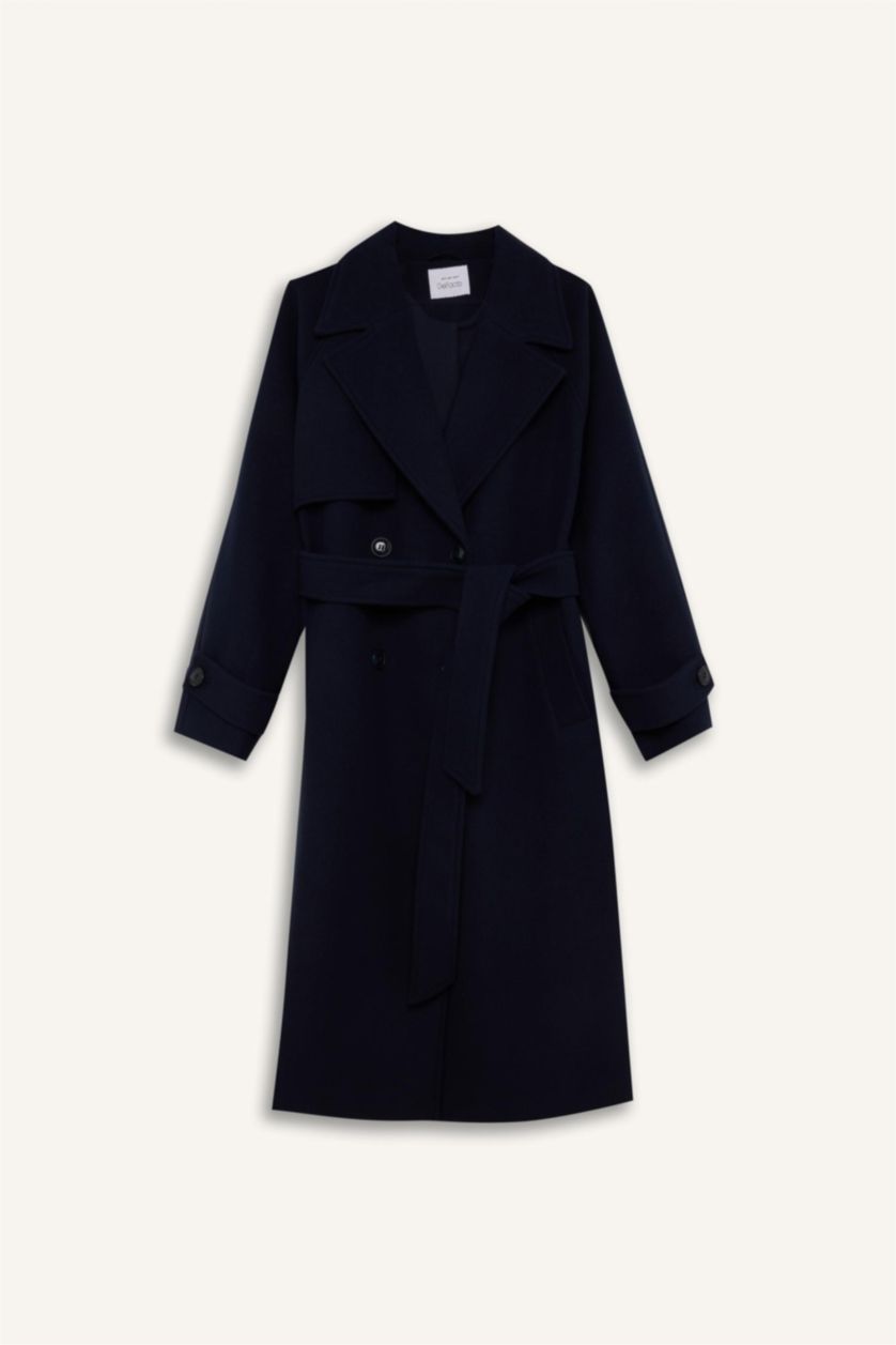 Kadın Lacivert Regular Fit Ceket Yaka Düğmeli Cepli Apoletli Kemerli Uzun Kaşe Kaban