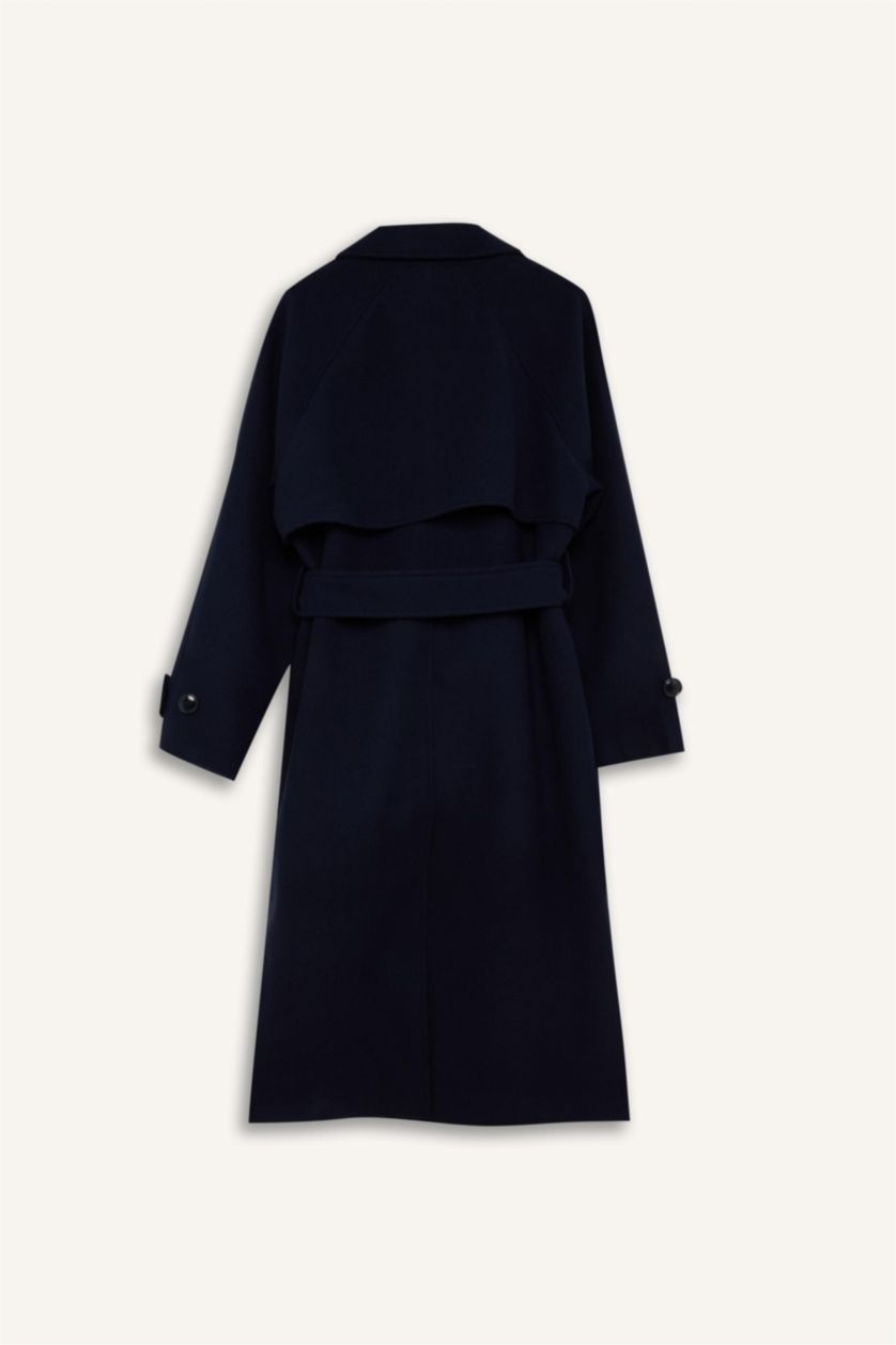 Kadın Lacivert Regular Fit Ceket Yaka Düğmeli Cepli Apoletli Kemerli Uzun Kaşe Kaban