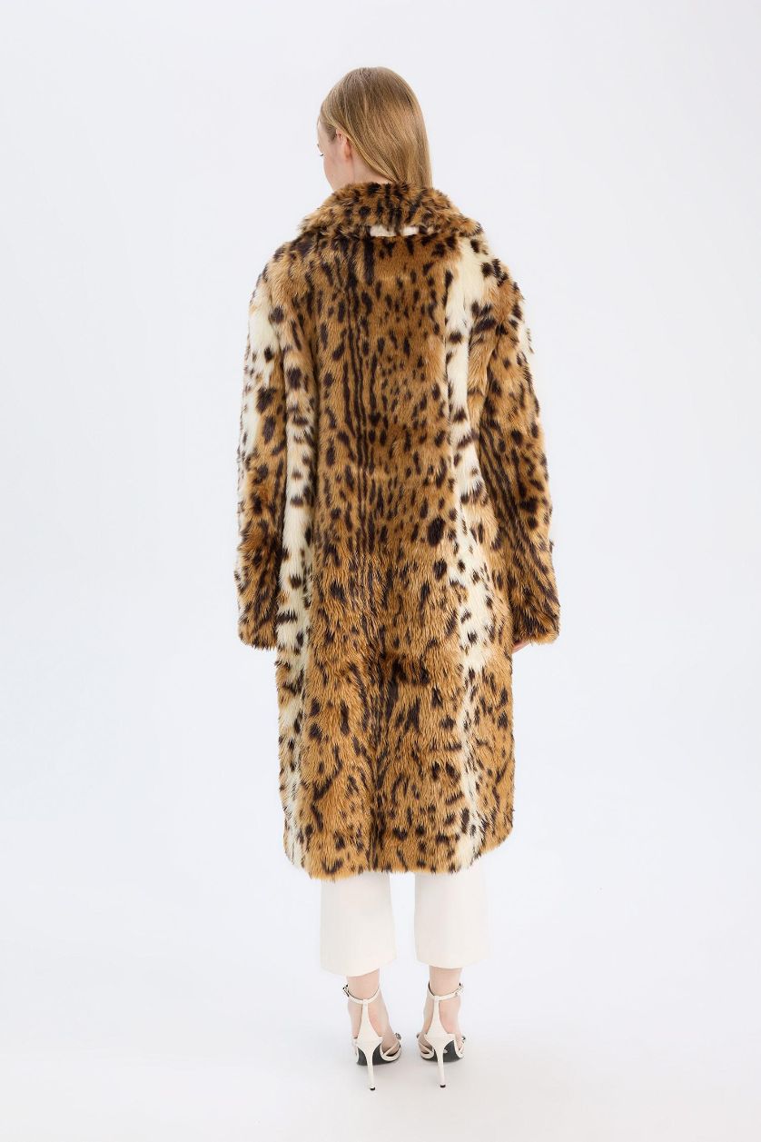 Kadın Camel Relax Fit Leopar Desenli Ceket Yaka Cepli Uzun Suni Kürk Kaban