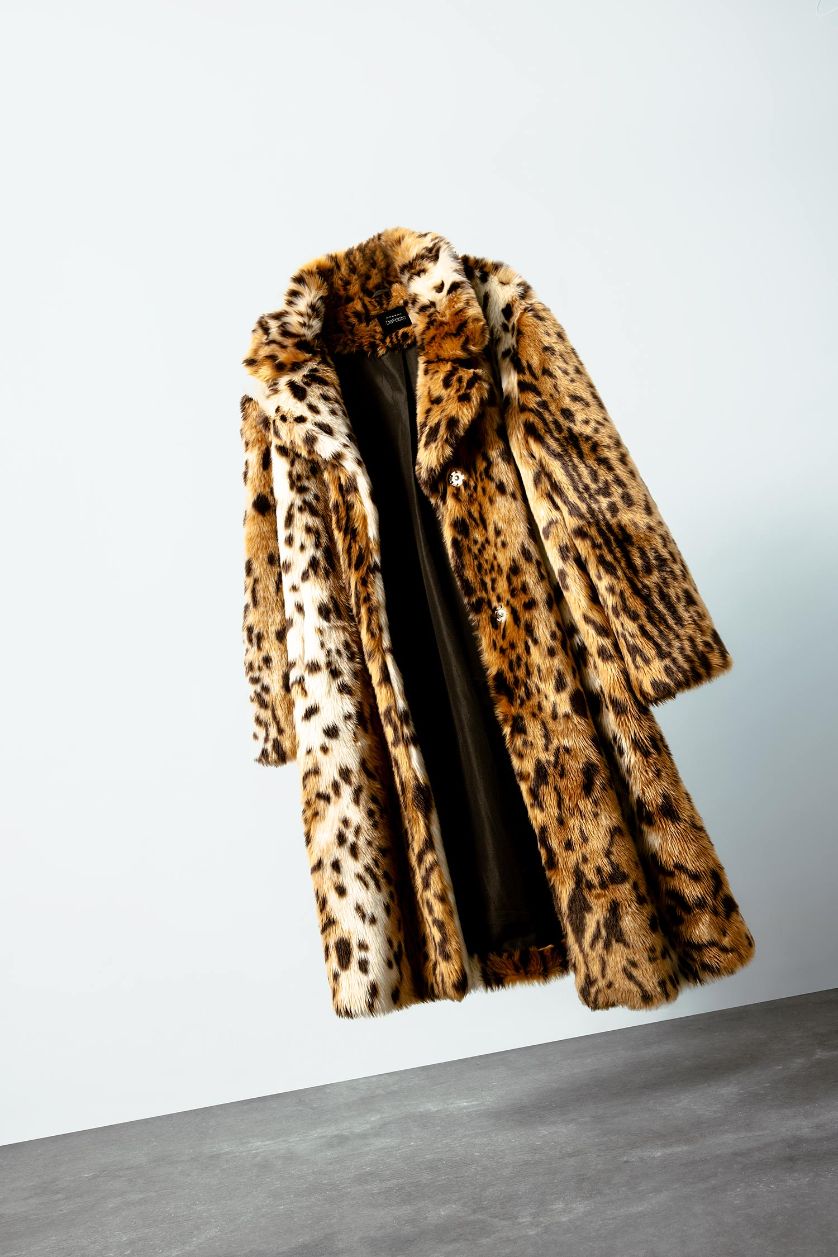 Kadın Camel Relax Fit Leopar Desenli Ceket Yaka Cepli Uzun Suni Kürk Kaban