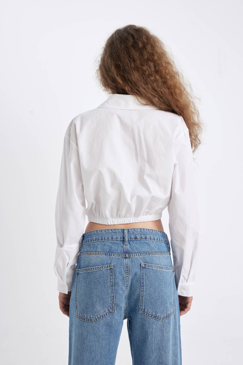 Kadın Beyaz Oversize Geniş Kalıp Basic Düz Etek Ucu Lastikli Poplin Uzun Kollu Gömlek