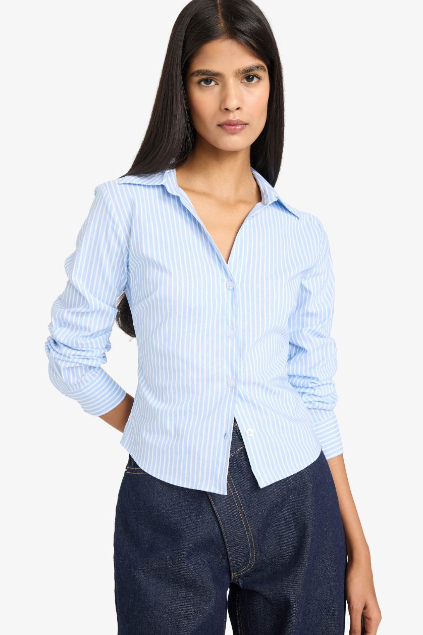 FEMME Bleu Chemise basique à manches longues et coupe droite