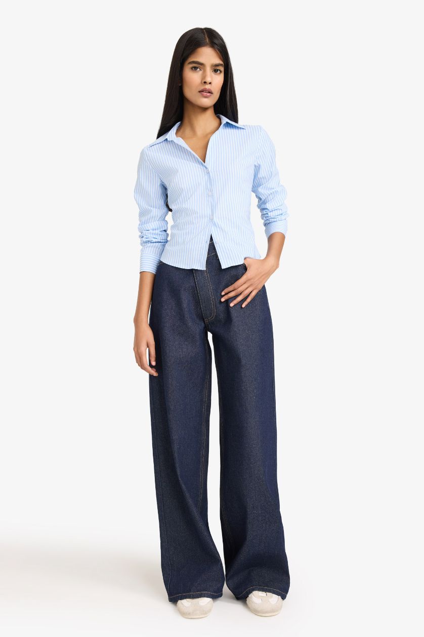 FEMME Bleu Chemise basique à manches longues et coupe droite