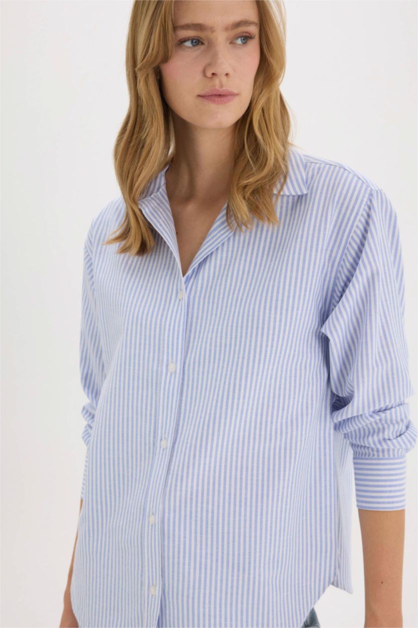 Kadın Mavi Oversize Geniş Kalıp Çizgili Oxford Uzun Kollu Gömlek