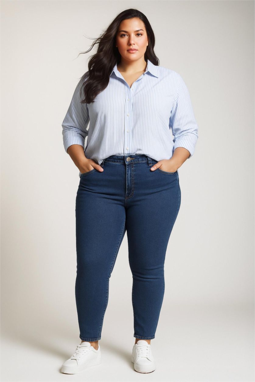 Kadın Mavi Oversize Geniş Kalıp Çizgili Oxford Uzun Kollu Gömlek