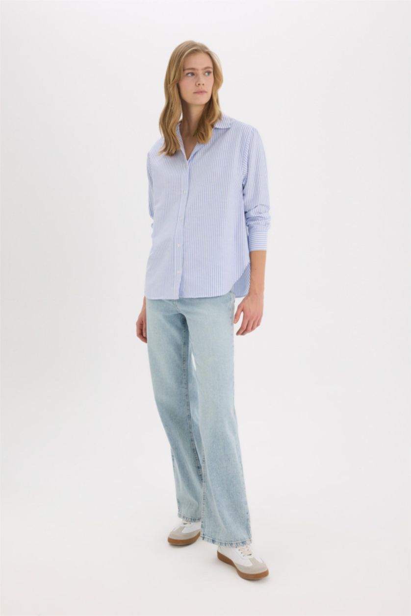 Kadın Mavi Oversize Geniş Kalıp Çizgili Oxford Uzun Kollu Gömlek