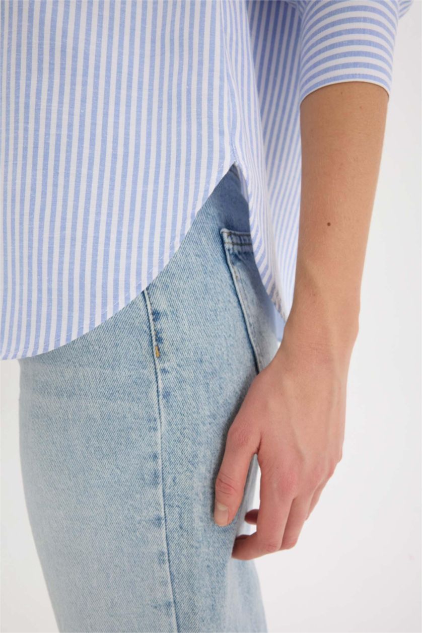 Kadın Mavi Oversize Geniş Kalıp Çizgili Oxford Uzun Kollu Gömlek