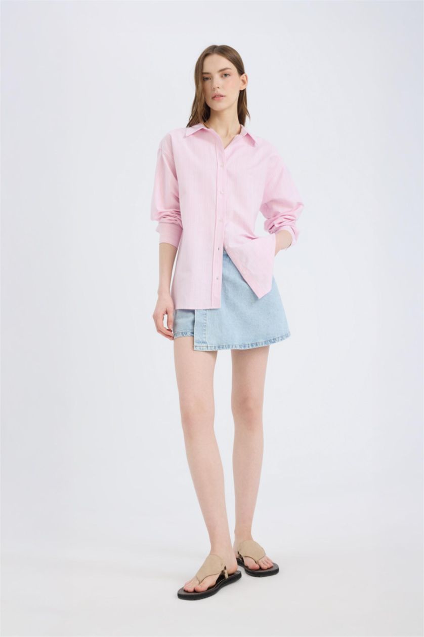 Kadın Açık Pembe Oversize Geniş Kalıp Çizgili Oxford Uzun Kollu Gömlek