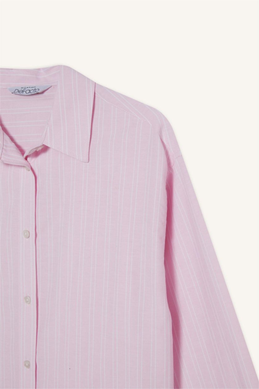 Kadın Açık Pembe Oversize Geniş Kalıp Çizgili Oxford Uzun Kollu Gömlek