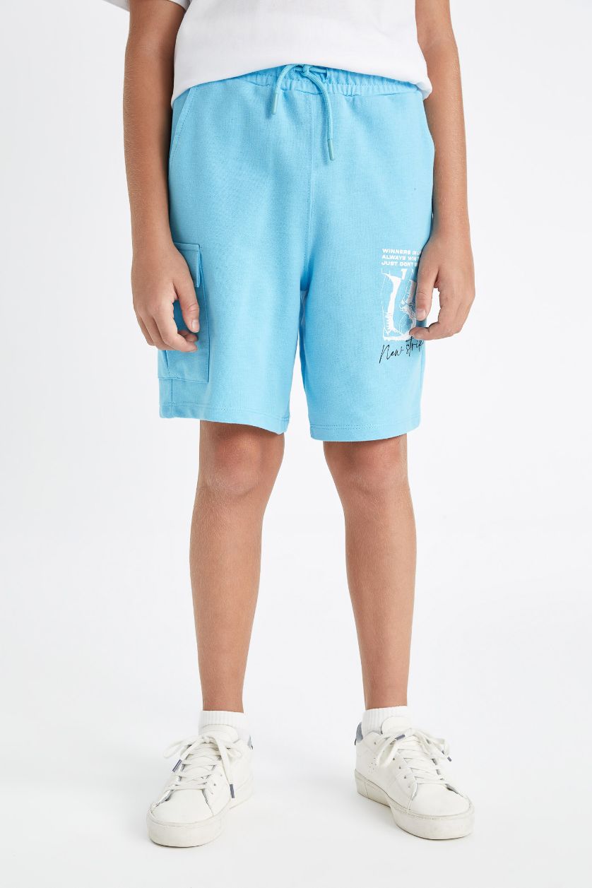 أولادي أزرق شورت اولادي بطبعة شعار قماش خفيف قصة عادية