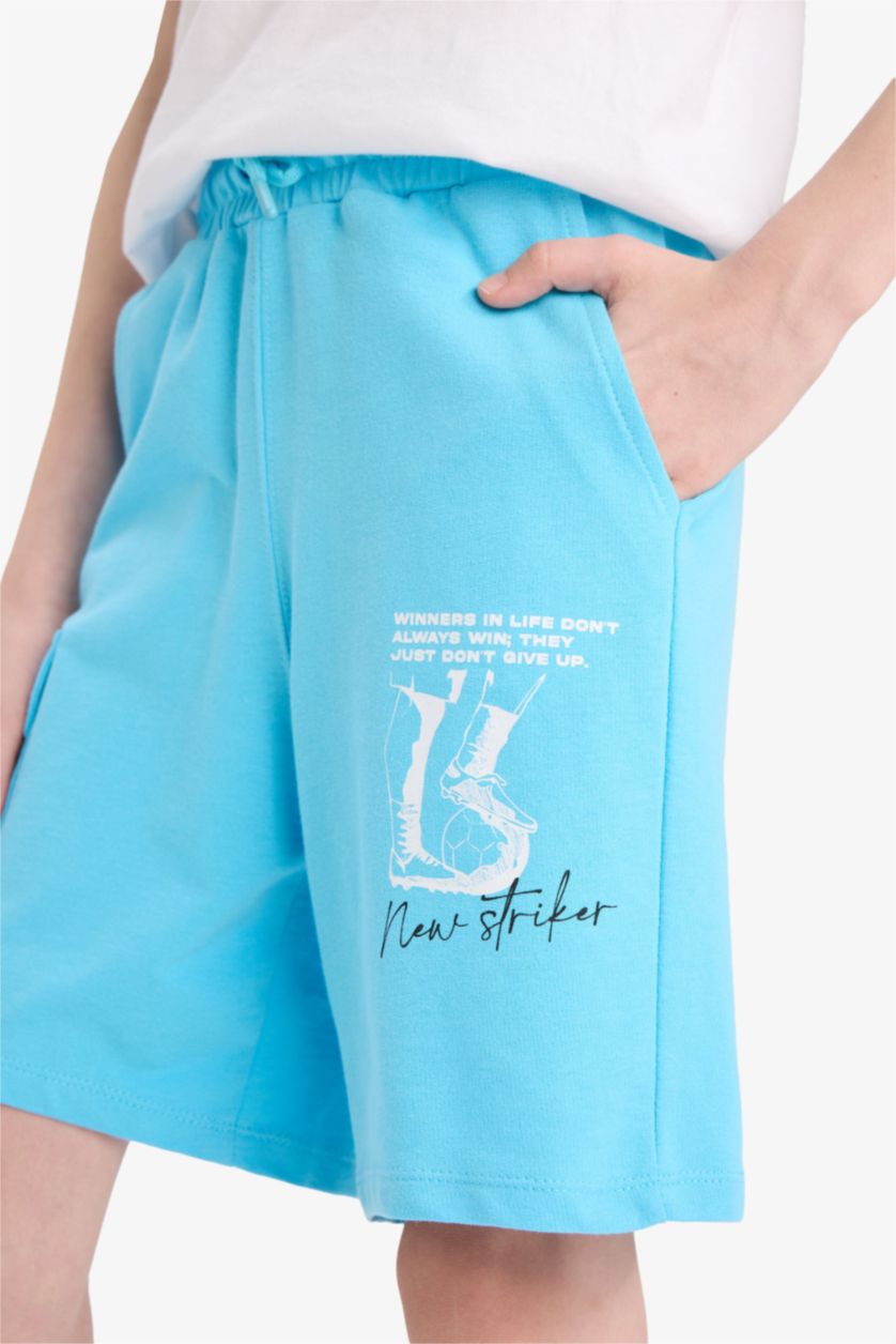 Erkek Çocuk - Genç Erkek Mavi Beli Lastikli Baskılı Şort Erkek Çocuk