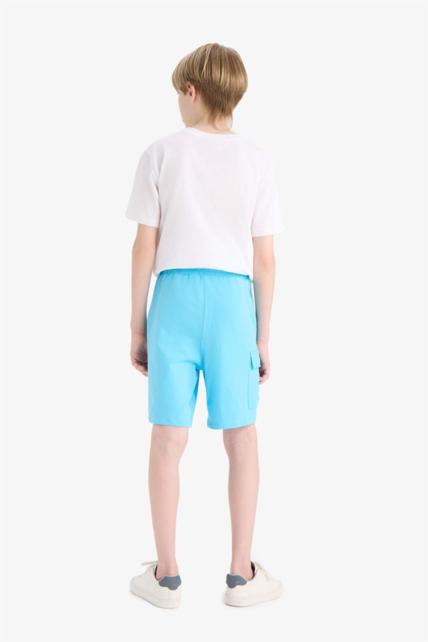 Erkek Çocuk - Genç Erkek Mavi Beli Lastikli Baskılı Şort Erkek Çocuk