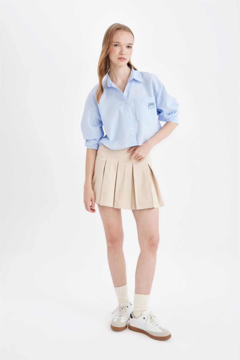 Kadın Açık Mavi Oversize Geniş Kalıp Basic Düz Cepli Oxford Uzun Kollu Crop Gömlek