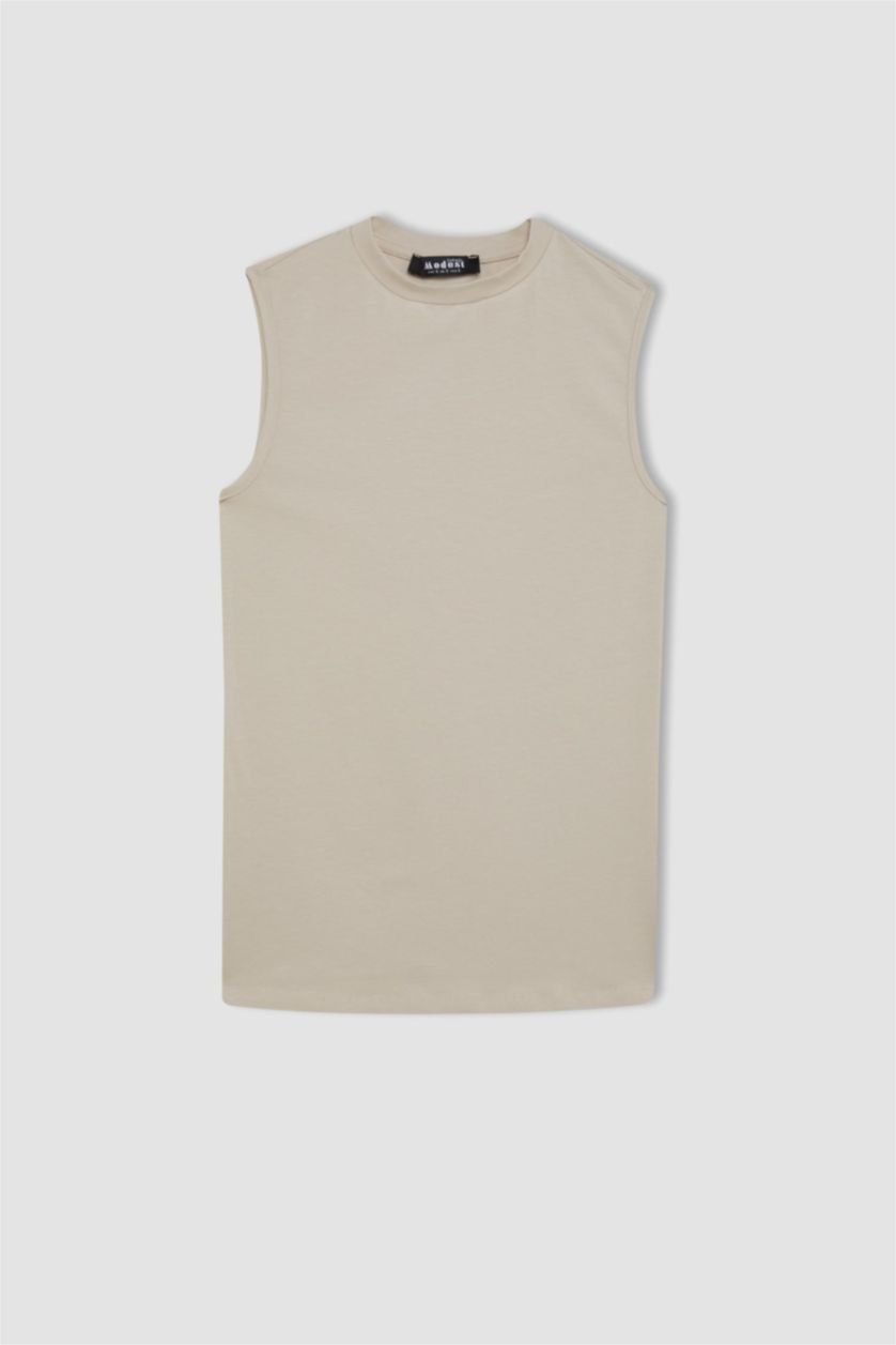 Kadın Bej Bisiklet Yaka Basic Düz Kolsuz Tişört