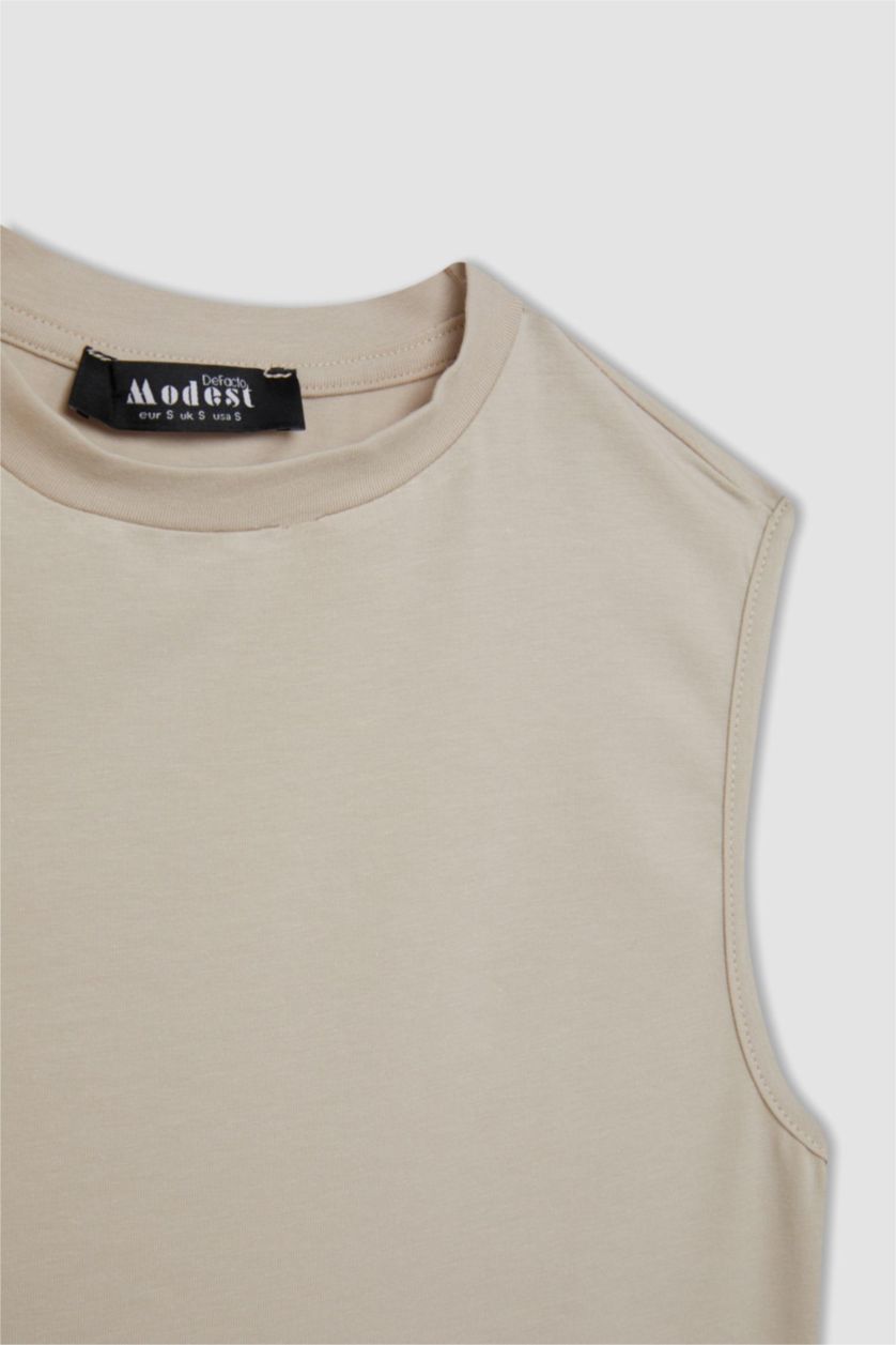 Kadın Bej Bisiklet Yaka Basic Düz Kolsuz Tişört