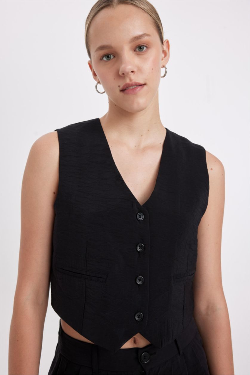 Kadın Siyah Regular Fit V Yaka Modal Blazer Yelek