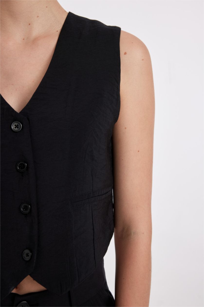 Kadın Siyah Regular Fit V Yaka Modal Blazer Yelek