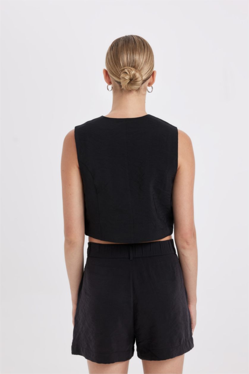 Kadın Siyah Regular Fit V Yaka Modal Blazer Yelek