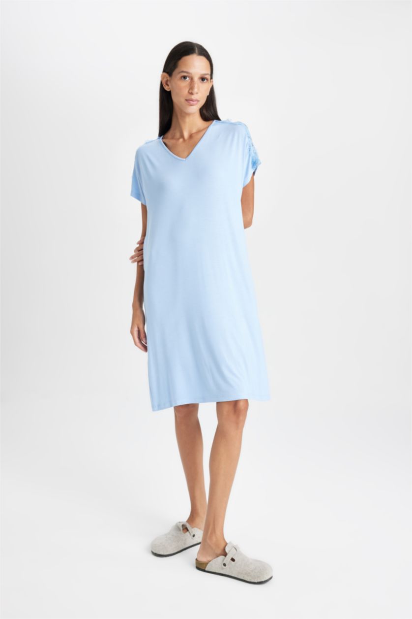 WOMAN Blue Fall in Love Regular Fit V Neck Short Sleeve Dress