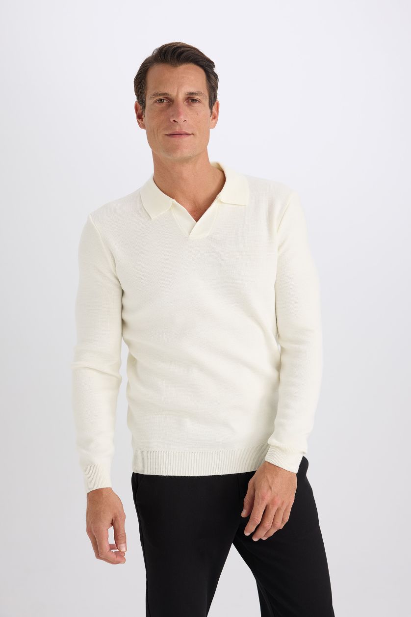 Man Ecru Standard Fit Polo Collar Knitwear Pullover