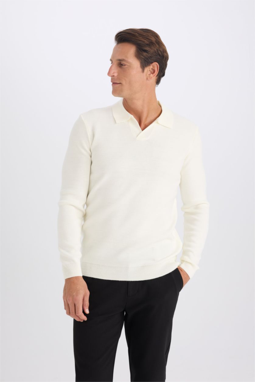 Man Ecru Standard Fit Polo Collar Knitwear Pullover