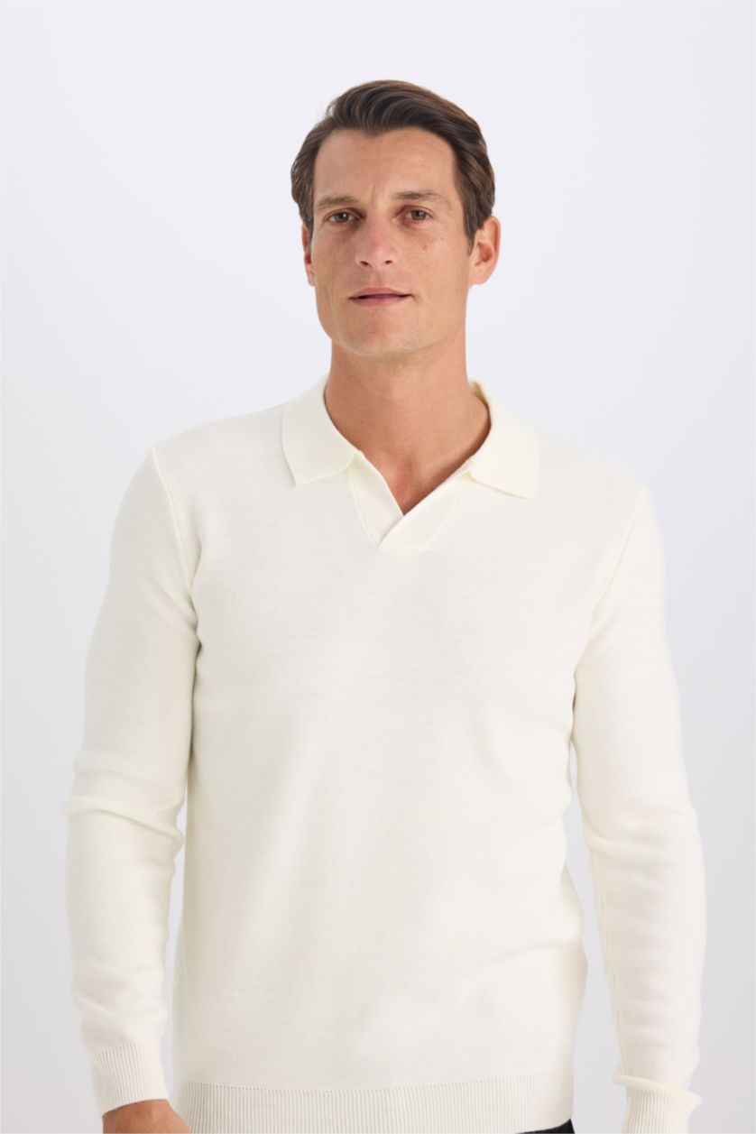 Man Ecru Standard Fit Polo Collar Knitwear Pullover