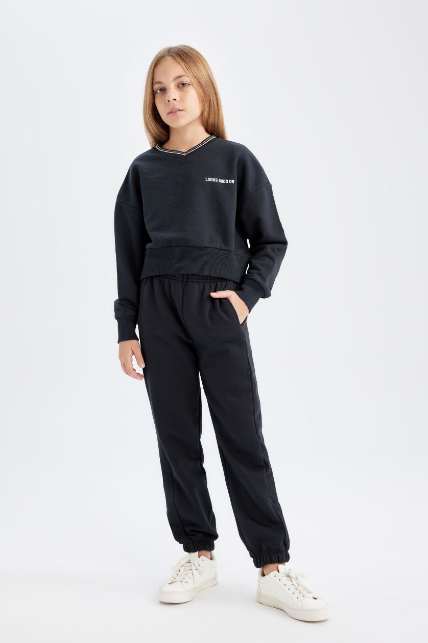 Kız Çocuk - Genç Kız Siyah 2'li Takım Baskılı Sweatshirt Beli Lastikli Eşofman Altı Kız Çocuk