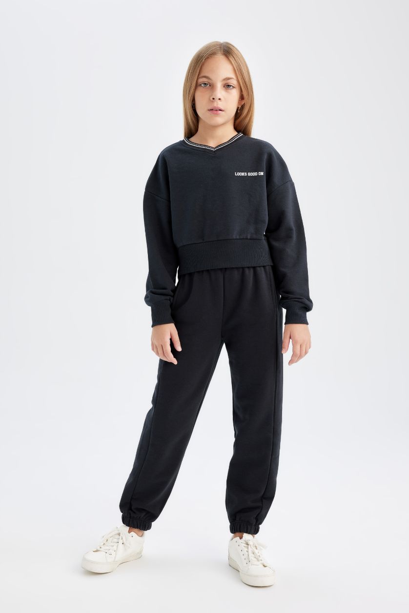 Kız Çocuk - Genç Kız Siyah 2'li Takım Baskılı Sweatshirt Beli Lastikli Eşofman Altı Kız Çocuk