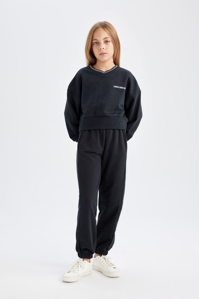 Kız Çocuk - Genç Kız Siyah 2'li Takım Baskılı Sweatshirt Beli Lastikli Eşofman Altı Kız Çocuk