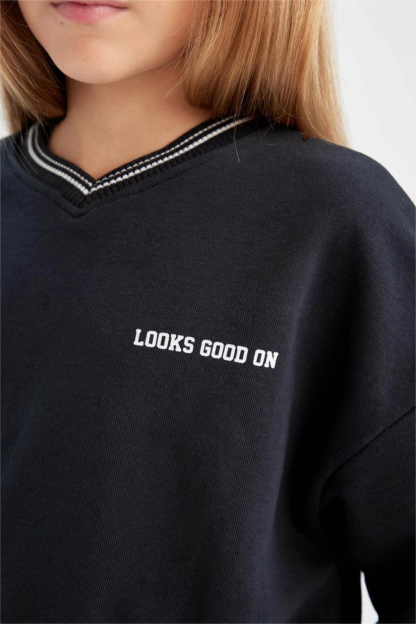 Kız Çocuk - Genç Kız Siyah 2'li Takım Baskılı Sweatshirt Beli Lastikli Eşofman Altı Kız Çocuk