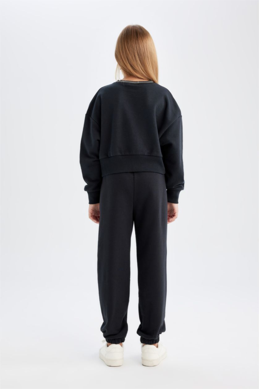 Kız Çocuk - Genç Kız Siyah 2'li Takım Baskılı Sweatshirt Beli Lastikli Eşofman Altı Kız Çocuk