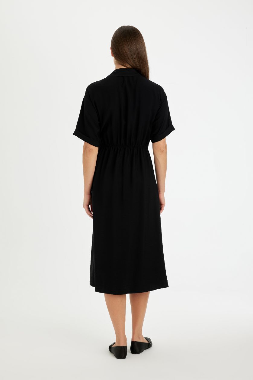 Kadın Siyah Regular Fıt Gömlek Yaka Kısa Kollu Elbise