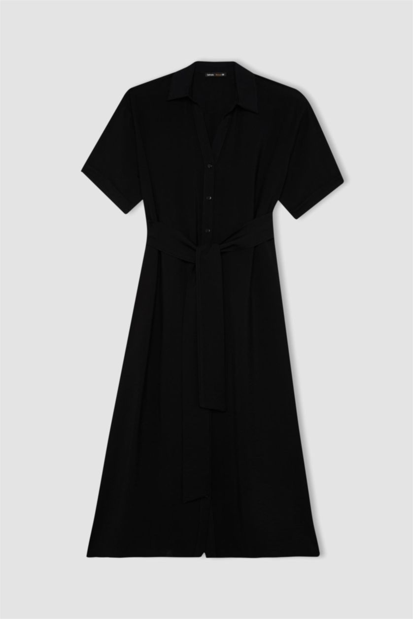 Kadın Siyah Regular Fıt Gömlek Yaka Kısa Kollu Elbise