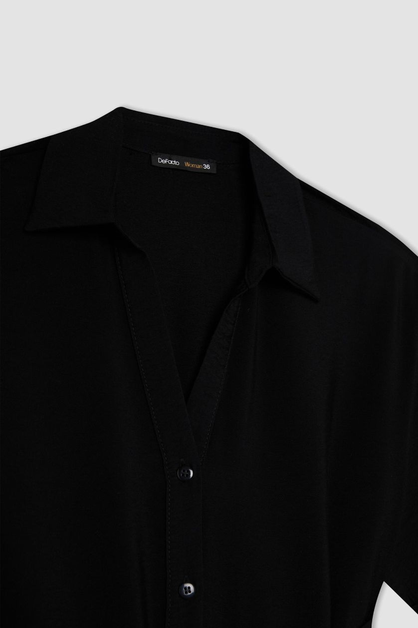 Kadın Siyah Regular Fıt Gömlek Yaka Kısa Kollu Elbise