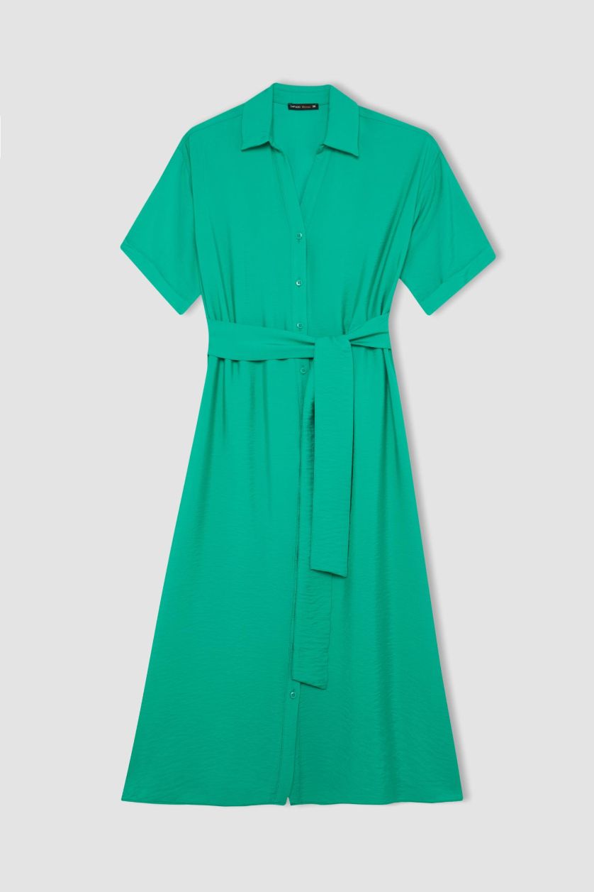 Kadın Yeşil Regular Fıt Gömlek Yaka Kısa Kollu Elbise