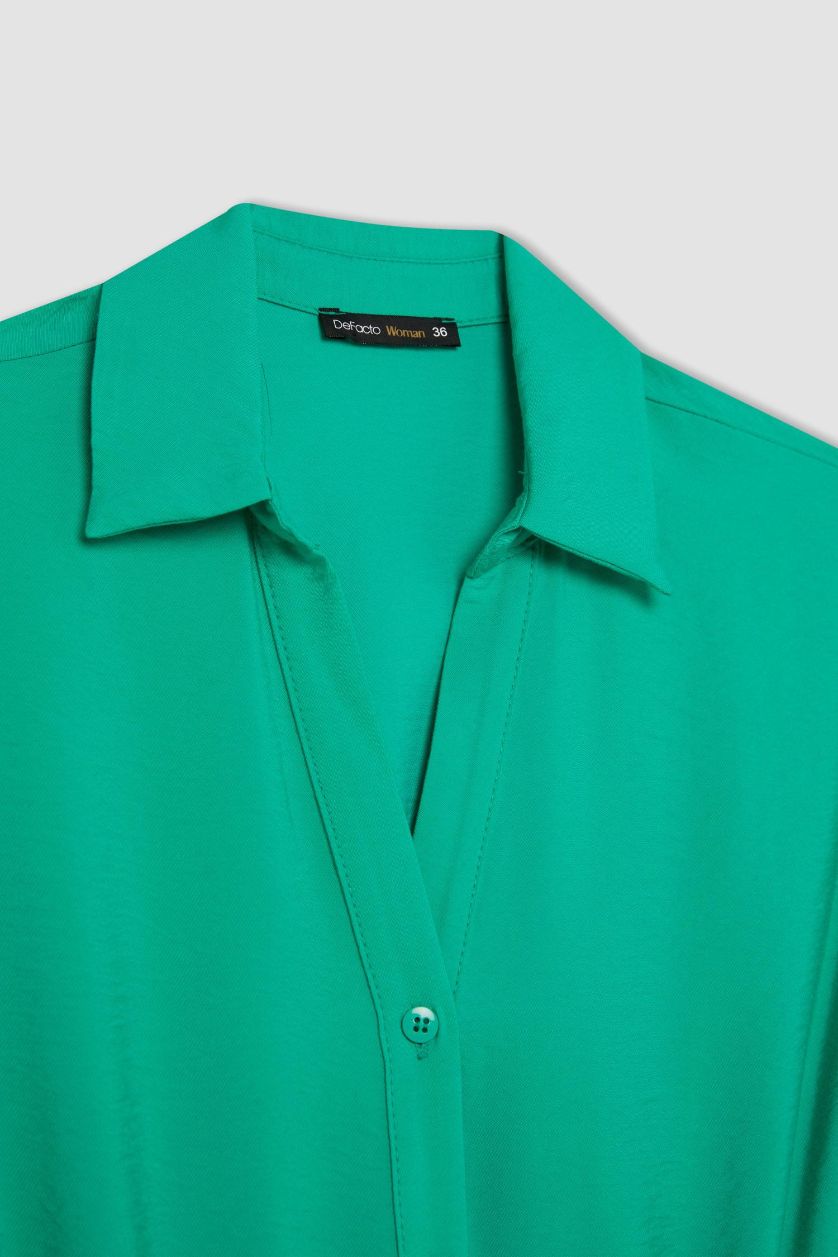 Kadın Yeşil Regular Fıt Gömlek Yaka Kısa Kollu Elbise