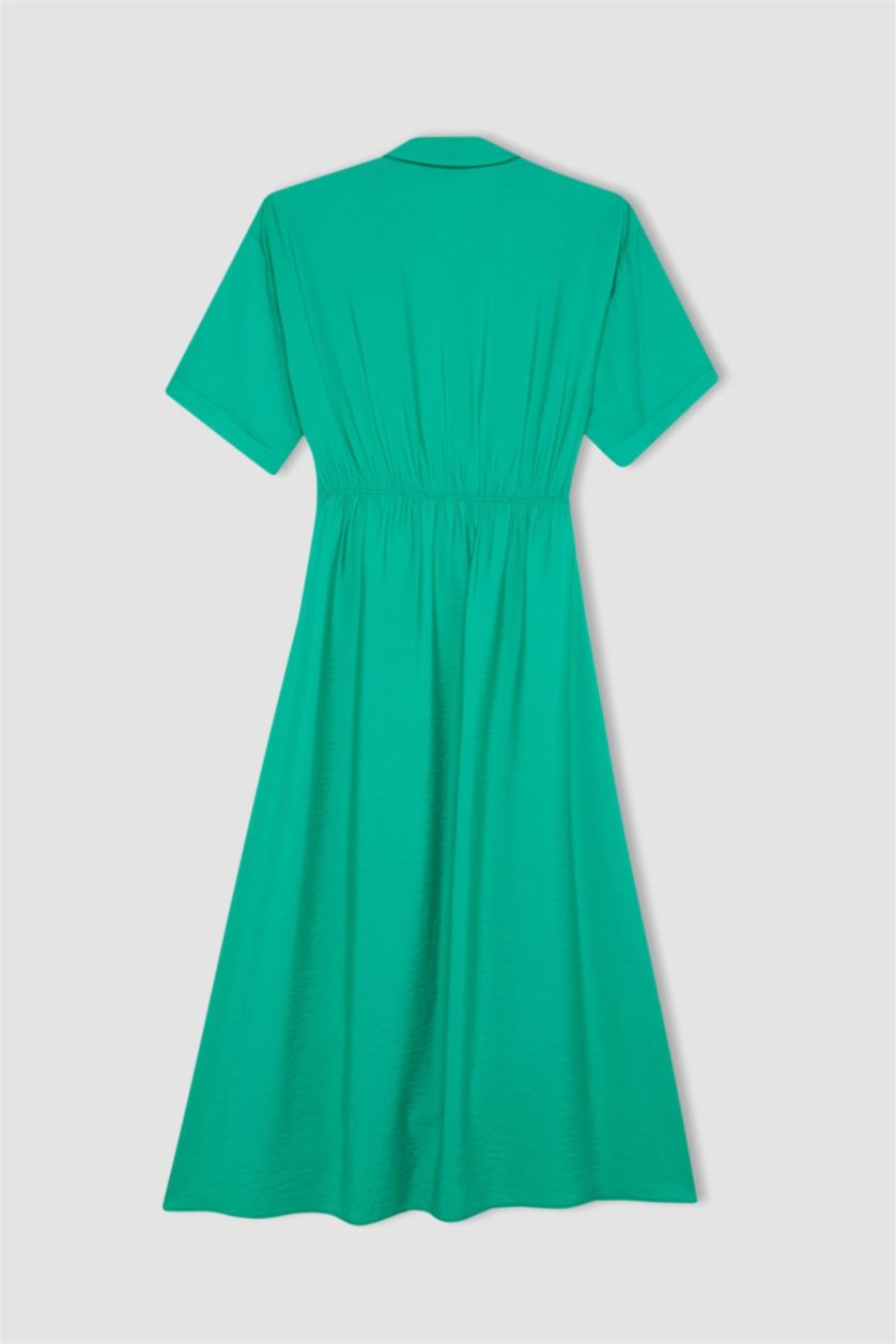 Kadın Yeşil Regular Fıt Gömlek Yaka Kısa Kollu Elbise