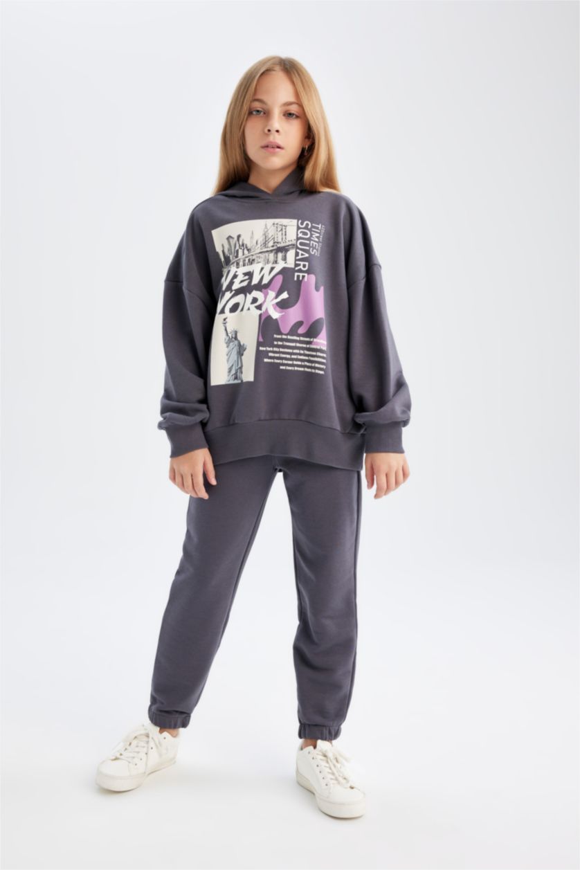 Kız Çocuk - Genç Kız Antrasit Kız Çocuk 2'li Takım Kapüşonlu Baskılı Sweatshirt Beli Lastikli Jogger Eşofman Altı