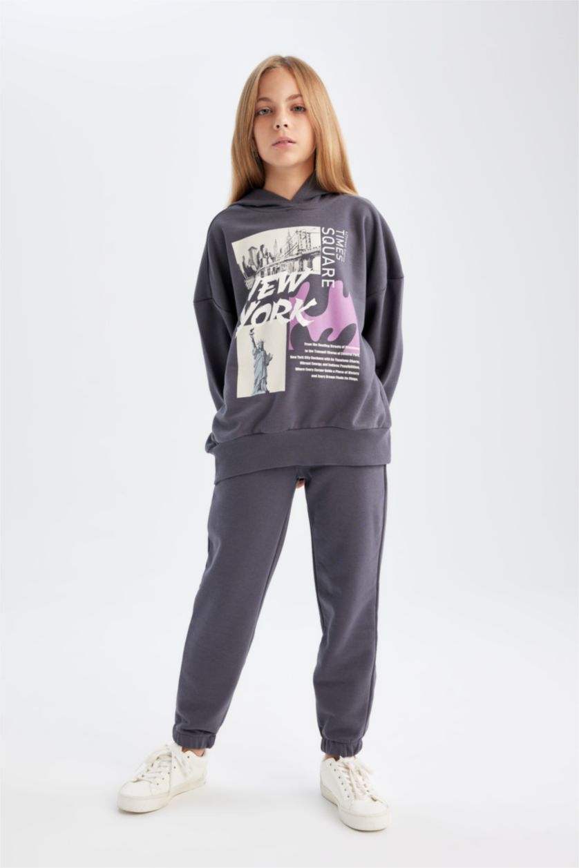 Kız Çocuk - Genç Kız Antrasit Kız Çocuk 2'li Takım Kapüşonlu Baskılı Sweatshirt Beli Lastikli Jogger Eşofman Altı