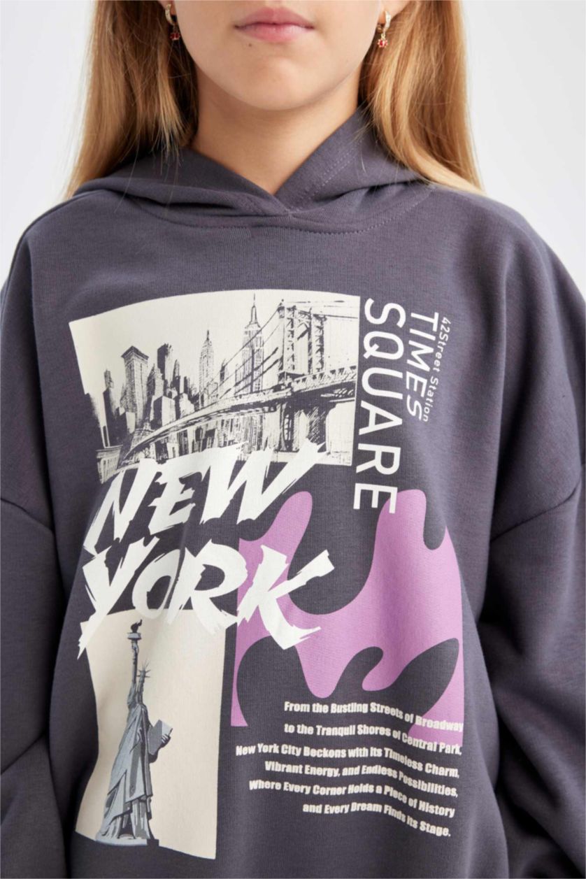 Kız Çocuk - Genç Kız Antrasit Kız Çocuk 2'li Takım Kapüşonlu Baskılı Sweatshirt Beli Lastikli Jogger Eşofman Altı