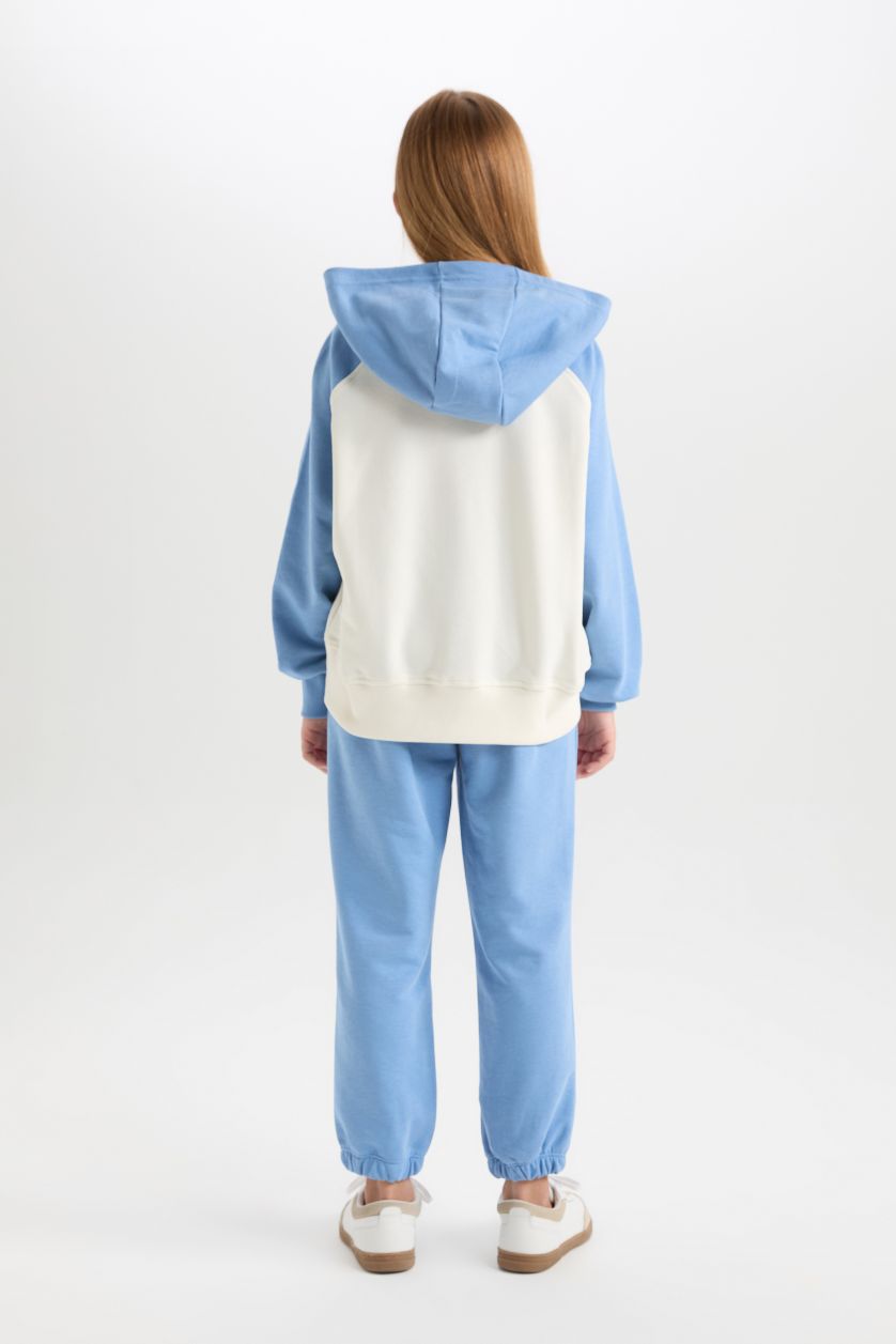 Kız Çocuk - Genç Kız Mavi Kız Çocuk 2'li Takım Kapüşonlu Baskılı Sweatshirt Beli Lastikli Eşofman Altı